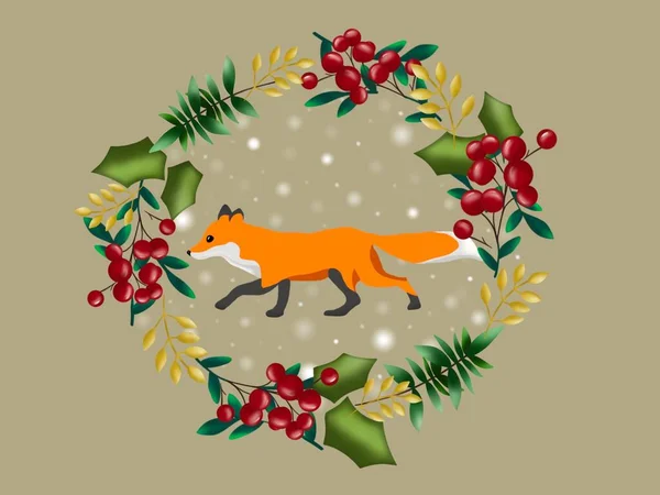 Grafische Illustration Von Weihnachtsfuchs Und Kranz Idee Für Hintergrund Ikone — Stockfoto