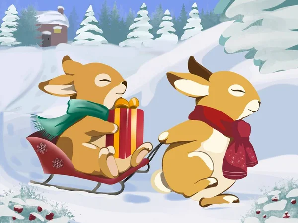 Grafische Illustration Der Weihnachtsgeschichte Mit Zwei Kaninchen Winter Idee Für — Stockfoto