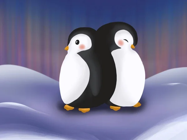 图解艺术温暖企鹅在冬季与北极光 印刷品 儿童活动等方面的想法 — 图库照片