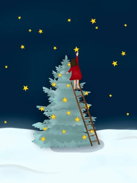 Grafische Illustration Von Mädchen Auf Baum Und Sternen Als Träume — Stockfoto