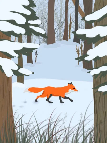 冬の森の野生のキツネのグラフィックイラスト 子供の芸術 ポスター アイコン ステッカーのアイデア — ストック写真