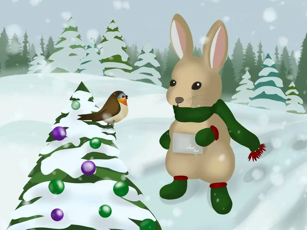 Graphic illustration of rabbit with letter in paws and bird in snowy Christmas winter . Idea for background, icon, print, childrens books, art, cartoon .