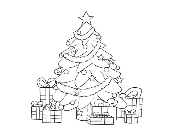具有礼物的圣诞树的黑白图形设计 儿童艺术 印刷品的概念 — 图库照片