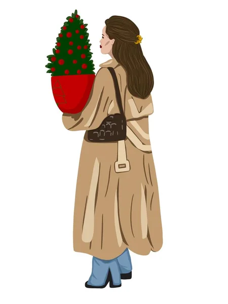 美しい女の子と木とクリスマスの瞬間のグラフィックイラスト アイコン ステッカー アート バナーのアイデア — ストック写真