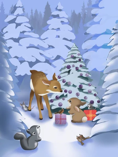 Graphic illustration of Christmas moment cartoon wild animals and gifts in forest winter. Idea for story, books, icon, cartoon, childrens art, background, poster, banner