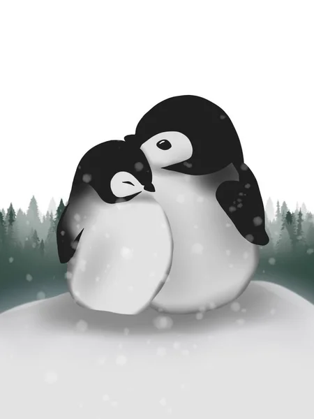 Graphic illustration of two penguins in cold winter with snowflakes. Idea for background, art, cartoon, books, childrens graphic.