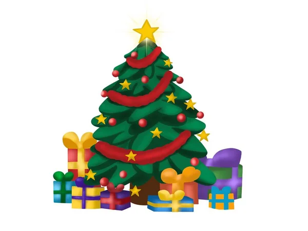 Graphic illustration of Christmas tree with gifts . Idea for icon, stickers, cartoon, books, poster