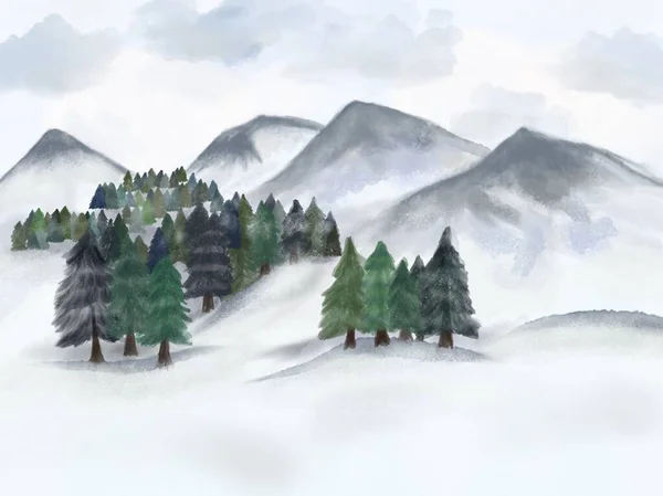 Akvarell Illusztráció Gyönyörű Téli Hegyek Fák Ötlet Nyomtatott Háttér Rajzfilm — Stock Fotó