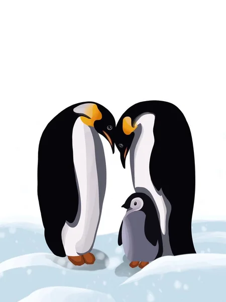 多雪冬季家庭企鹅的图解 儿童读物 背景等概念 — 图库照片