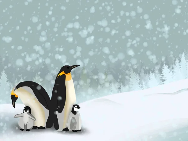 Graphic Illustration Lovely Family Penguins Cold Winter Idea Cartoon Books — Stock Photo, Image