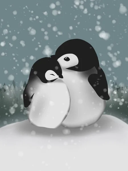 图上的两个企鹅在寒冷的冬天与雪花 儿童图解 — 图库照片