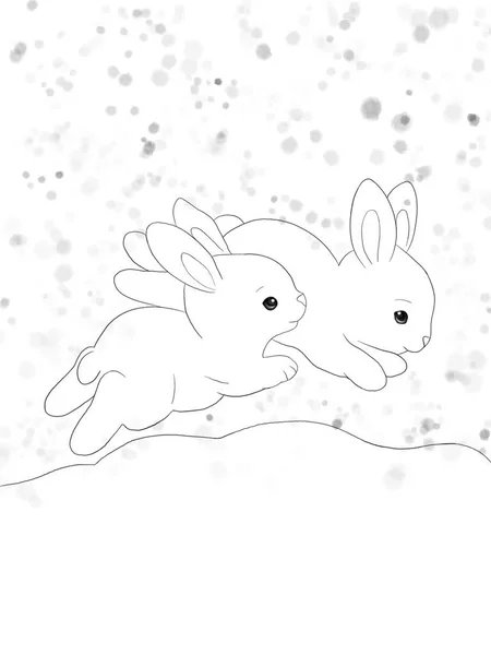 Svart Och Vit Grafisk Design Illustration Två Rinnande Kaniner Snöig — Stockfoto