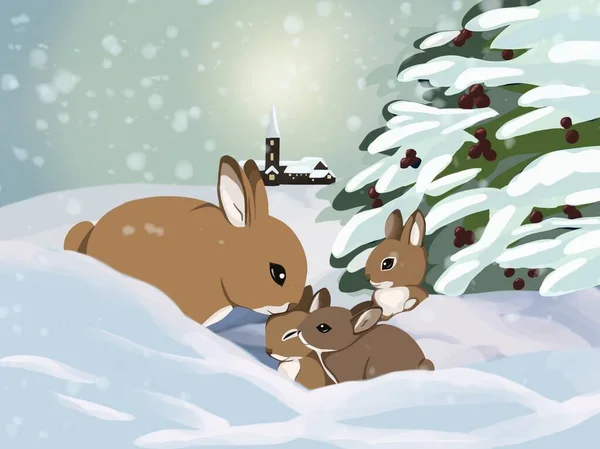 Graphic illustration of Christmas story about family rabbits in snowy winter. Idea for books, cartoon, childrens art, background, print, banner