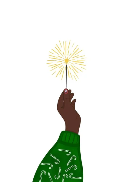 Graphic illustration of Christmas human moment, hand with sparkl. Idea for icon, stickers, print, books, cartoon, childrens art