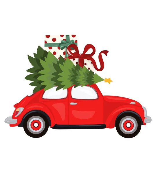 圣诞树 星星和礼品盒的圣诞老式红色轿车的图解 — 图库照片