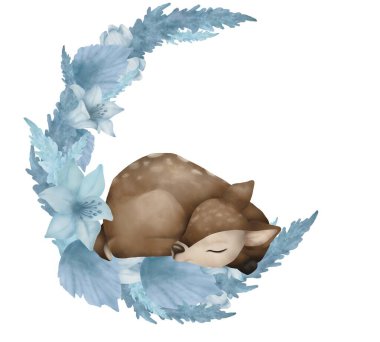 Tatlı, uykulu Bambi 'nin suluboya çizimi. Hilal çiçekli tatlı rüyalar geyiği. Beyaz arka plan. Simgeler, karikatürler, kitaplar, çıkartmalar, afişler, çocuk sanatı, poster, duvar kağıdı