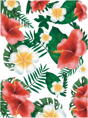 Yapraklı güzel tropikal çiçeklerin suluboya çizimi. Kolaj, set, çizgi film, kitaplar, simge, çıkartmalar, çocuk sanatı, arkaplan, baskı, poster, afiş ayrıntıları