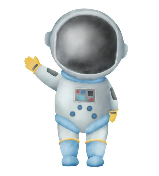 Watercolor paper illustration of space Astronaut. Idea for icons, wallpaper, childrens art, books, cartoon, background, banner, poster, magazine, details decoration, birthday