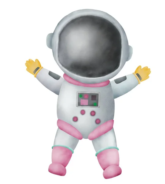 Watercolor paper illustration of space girl Astronaut. Idea for icons, wallpaper, childrens art, books, cartoon, background, banner, poster, magazine, details decoration, birthday