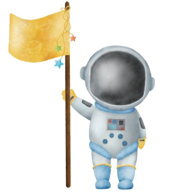 Watercolor paper illustration of space Astronaut with gold flag. Idea for icons, wallpaper, childrens art, books, cartoon, background, banner, poster, magazine, details decoration, birthday
