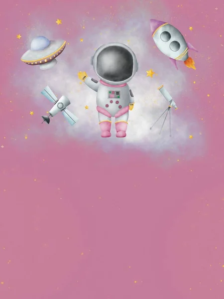 Watercolor paper illustration of space girl Astronaut on pinky Galaxy background. Idea for icons, wallpaper, childrens art, books, cartoon, background, banner, poster, magazine, details decoration, birthday