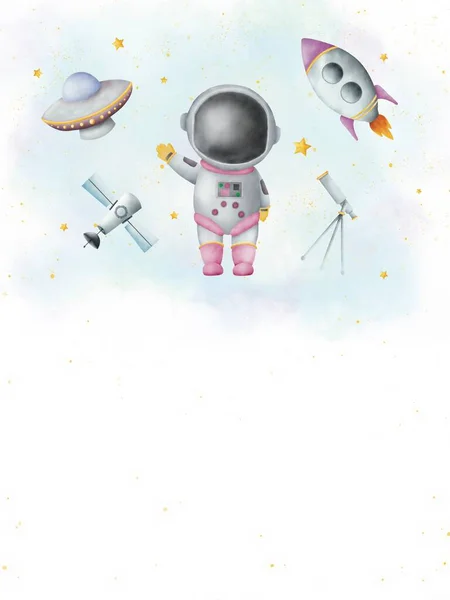 Watercolor paper illustration of space girl Astronaut on Galaxy backgroun. Idea for icons, wallpaper, childrens art, books, cartoon, background, banner, poster, magazine, details decoration, birthday