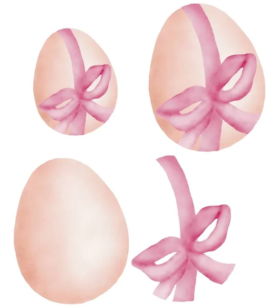 Graphic Watercolor illustration of Easter Eggs with pink bow. Idea for celebrating poster, decoration background, stickers, Easter shop, banner, copybook, childrens art, books, cartoon