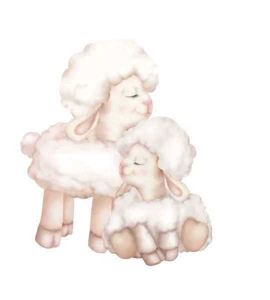 可爱的羊的水彩画把妈妈和宝宝用粉红的粉刷在一起 婴儿的墙纸美梦 儿童读物 抄本的创意 — 图库照片