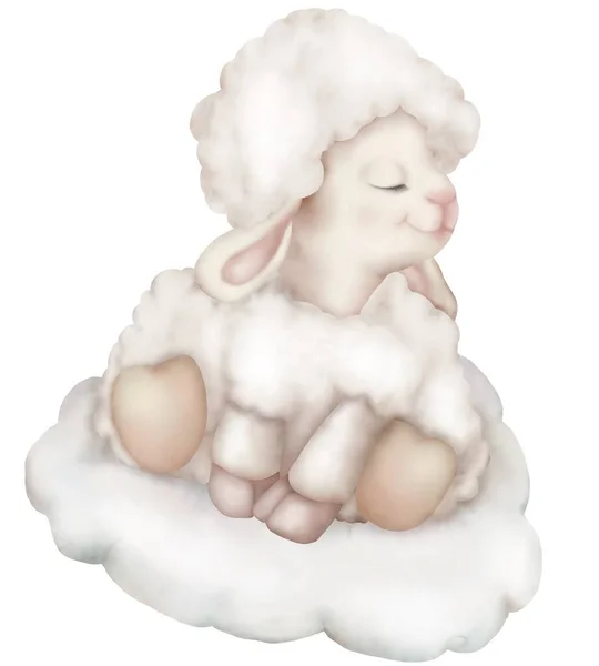 水彩画可爱的小羊坐在云彩上 有着柔和的粉色 婴儿的墙纸美梦 儿童读物 抄本的创意 — 图库照片