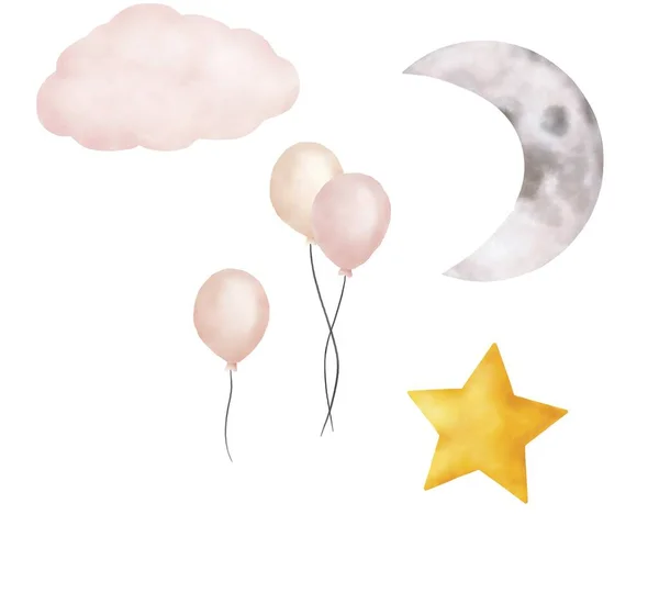 Akvarell Design Dekoration Element Moln Ballonger Halvmåne Stjärna Med Pastellrosa Royaltyfria Stockbilder