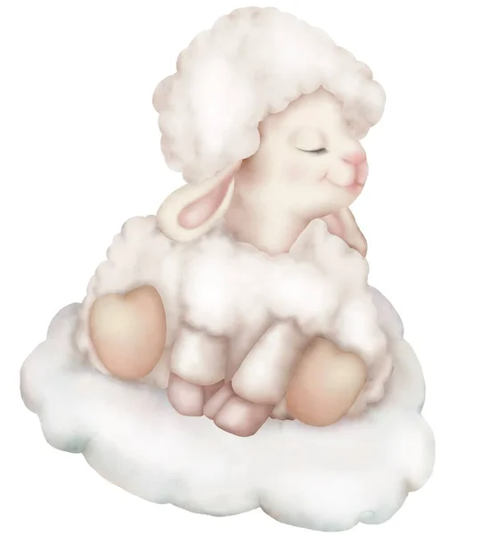 Akvarell Illustration Vackra Baby Får Sitter Moln Med Pastellrosa Färger Royaltyfria Stockfoton
