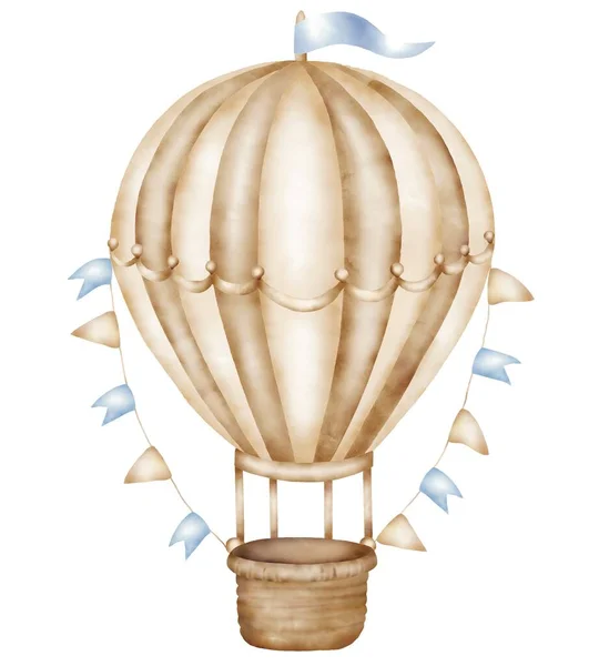 Aquarell Illustration Von Heißluftballon Cartoon Mit Nudefarben Und Blauen Flaggen lizenzfreie Stockbilder