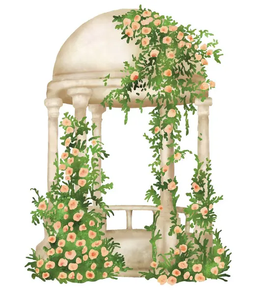 stock image A vintage oasis with this charming gazebo adorned with leafy flowers around the pillars. Its romantic and ornate design adds a touch of classic elegance to any vintage-themed project or setting