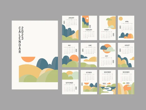 Современный Минимум 2023 Новогодний Календарь Шаблон Ландшафтного Дизайна — стоковый вектор