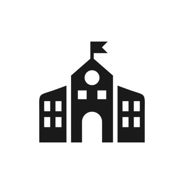 Bayraklı okul binası ikonu. Konum Planlama Vektörü Sembolü