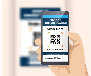 Covid-19 konum çizimi için kontak takibi taranıyor. Aşılandığınızın kanıtı olarak el bilgisayarı ve QR Kod Aşılama Sertifikası veya Pasaport Kartı