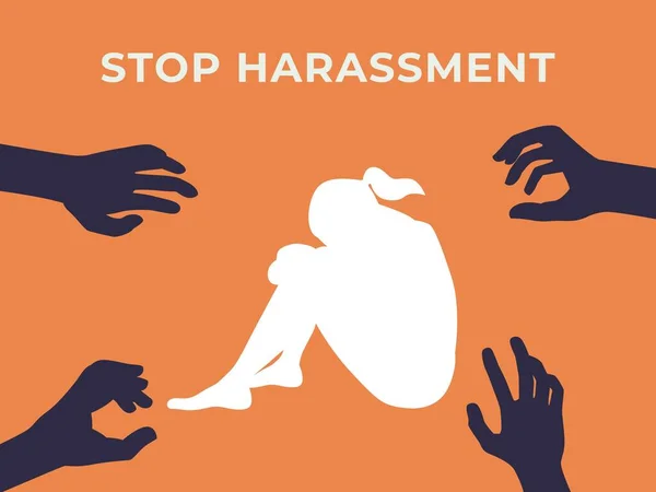 虐待妇女 反对暴力和骚扰概念的例证 妇女与手的轮廓符号 — 图库矢量图片