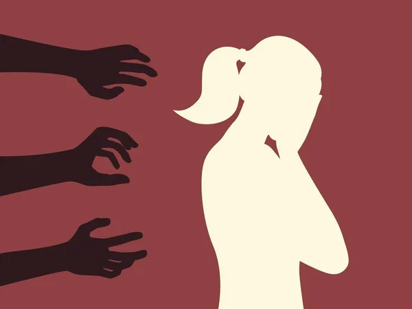 虐待妇女 反对暴力和骚扰概念的例证 妇女与手的轮廓符号 — 图库矢量图片