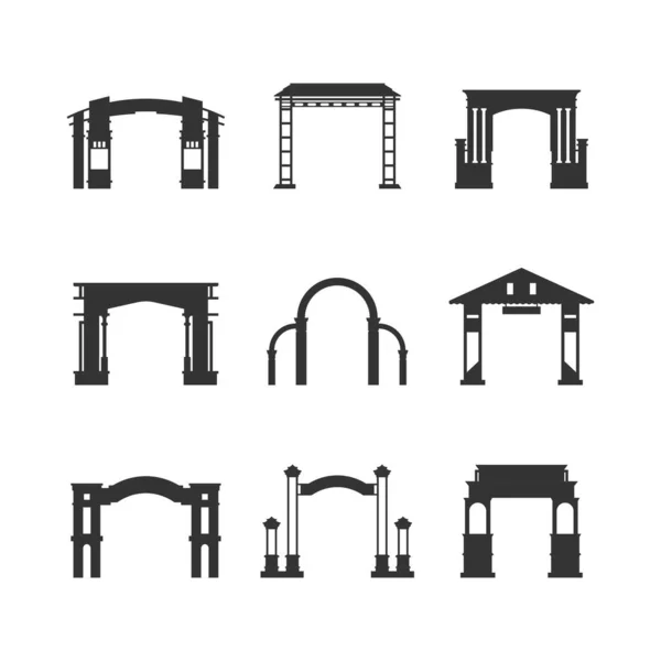 Village Welcome Gate Icon Sets Silhouette Traditional Gates — Stock Vector