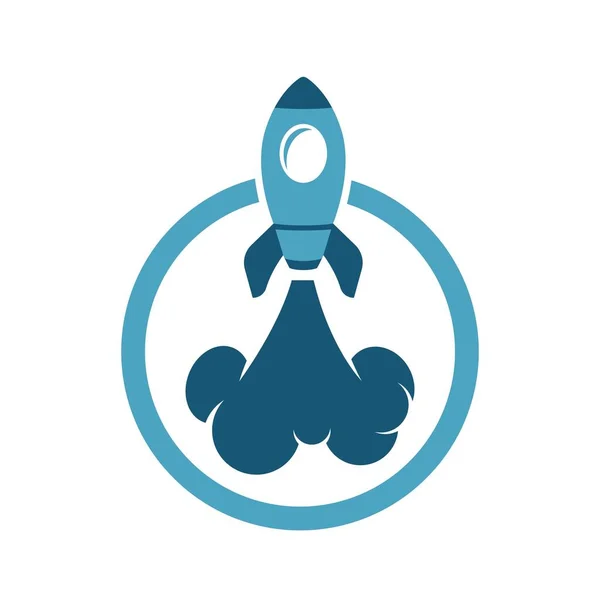 Flying Rocket Logo Icon Design Blue Spaceship Emits Smoke Circle — Stock Vector