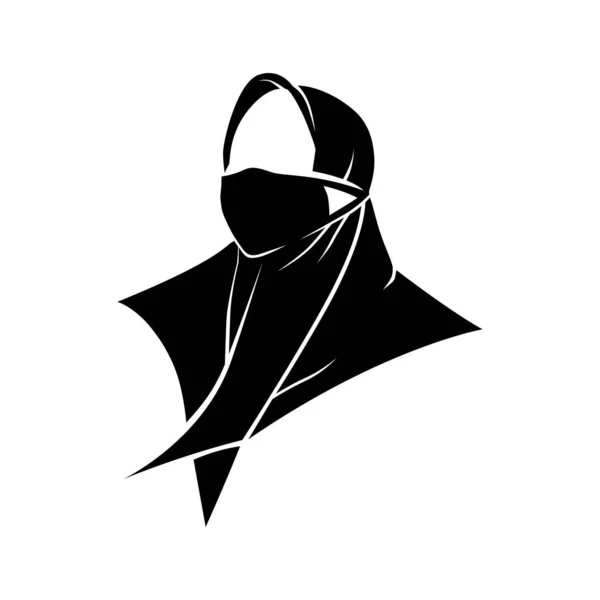 仮面のイラストが描かれたヒジャーブを着た女性 黒と白のシンボルロゴシルエット — ストックベクタ
