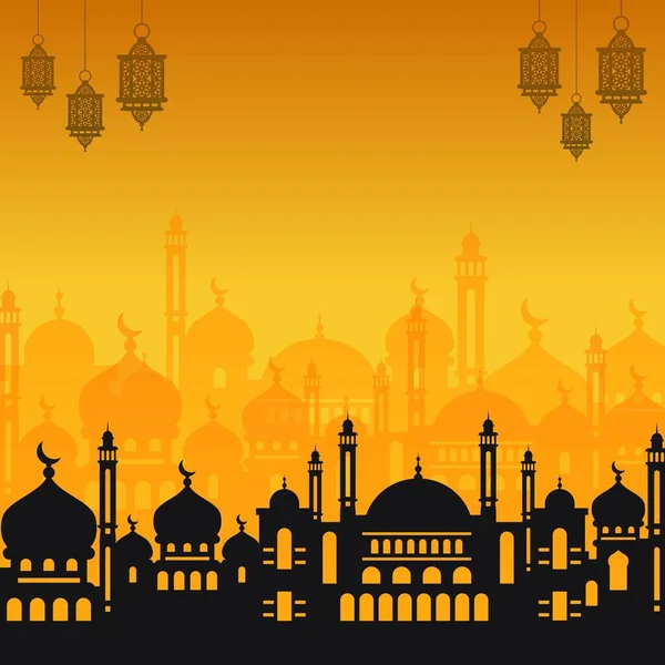 Ramadán Kareem Pozadí Mešitou Siluetu Závěsné Lucerny Islámská Dovolená Banner — Stockový vektor