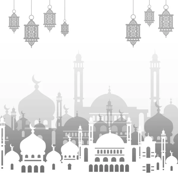 Ramadan Kareem的背景与清真寺的轮廓和悬挂灯笼 伊斯兰假日横幅设计 — 图库矢量图片