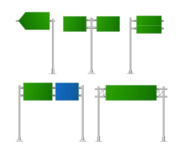 Realistiska Gröna Gatan Och Vägmärken Staden Illustration Vektor Gatuskylt Modell — Stock vektor
