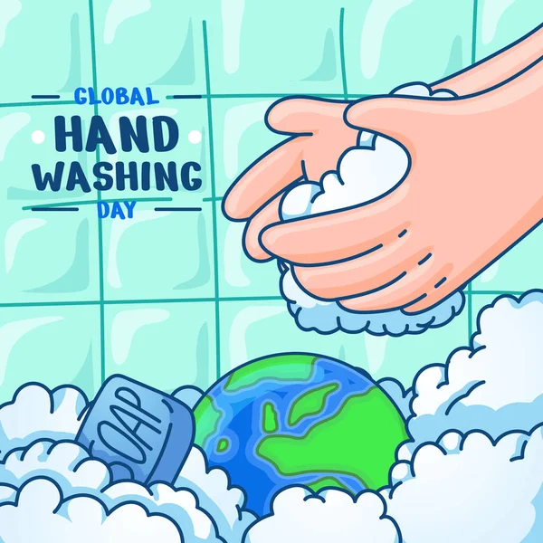 Global Handwashing Day Concept Hand Drawn Globe Cartoon — Stock Vector