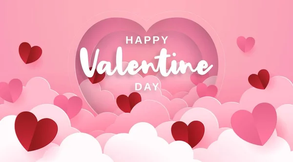 Happy Valentine Day Poster Banner Design Paper Cut Clouds Heart — Stock Vector