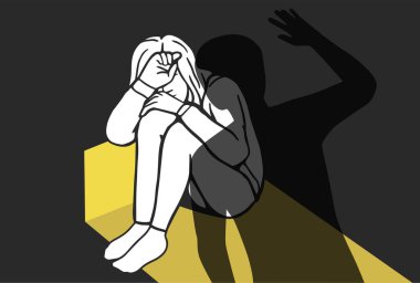 Kadın, cinsel taciz illüstrasyonu. Kadınlara karşı şiddet ve zulüm, işyeri zorbalığı. Düz konsept, kurban, cinsel, tecavüz. Erkeklerin ellerinin kadınlara dokunması