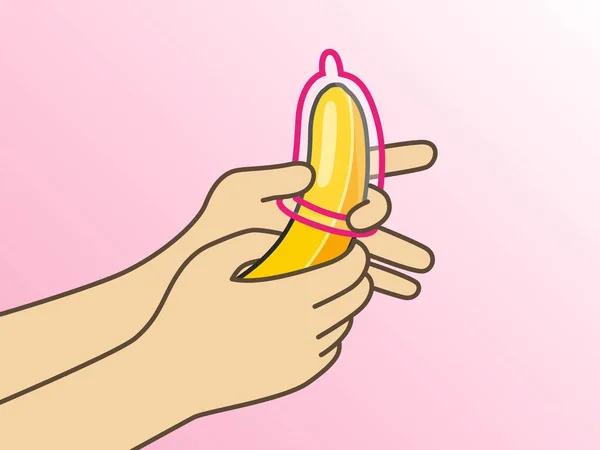 バナナをコンドームのイラストにのせる手 ピンクの背景にコック — ストックベクタ