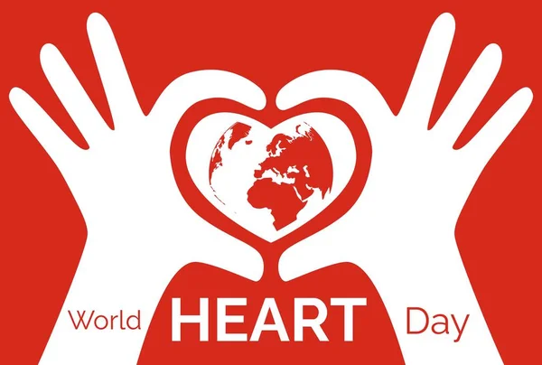 Руки Формируют Красное Сердце Карте Мира Всемирному Дню Сердца Красном — стоковый вектор