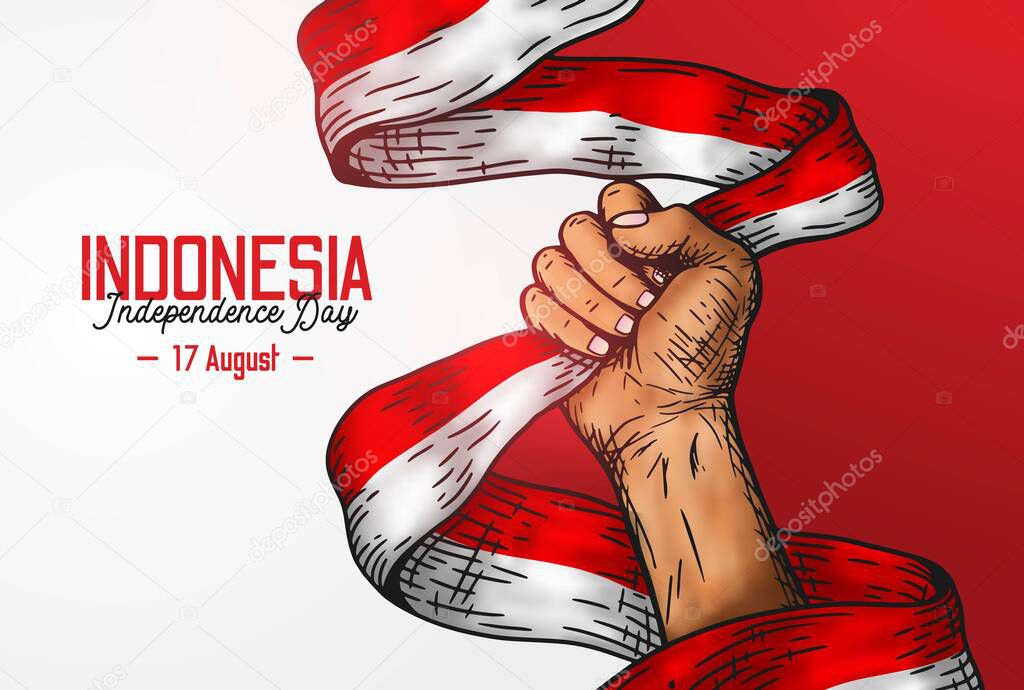 Indonesia Independence Day background. 17 August. Independence Design with clenched hand holding flag, Spirit of freedom symbol
